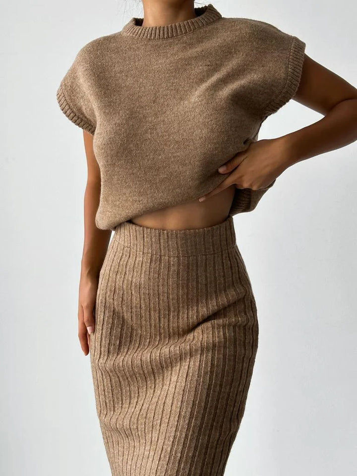 Attire | Elegant Sleeveless Cardigan and Knitted Skirt