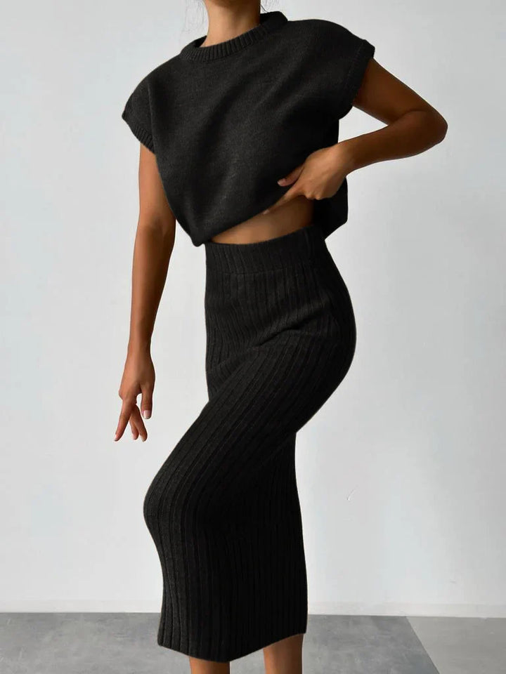 Attire | Elegant Sleeveless Cardigan and Knitted Skirt