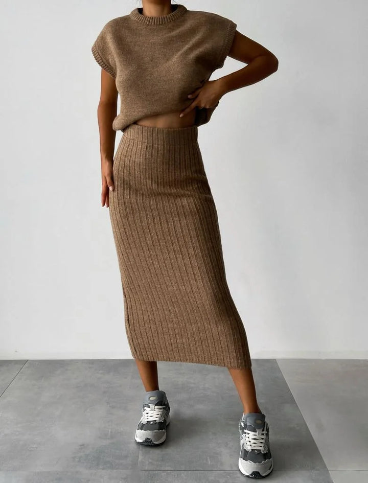 Attire | Elegant Sleeveless Cardigan and Knitted Skirt