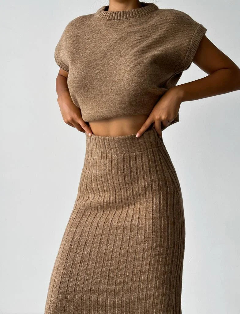 Attire | Elegant Sleeveless Cardigan and Knitted Skirt