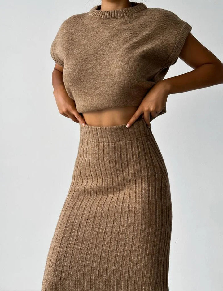 Attire | Elegant Sleeveless Cardigan and Knitted Skirt