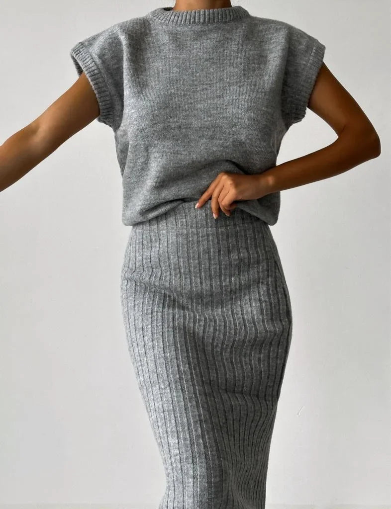 Attire | Elegant Sleeveless Cardigan and Knitted Skirt